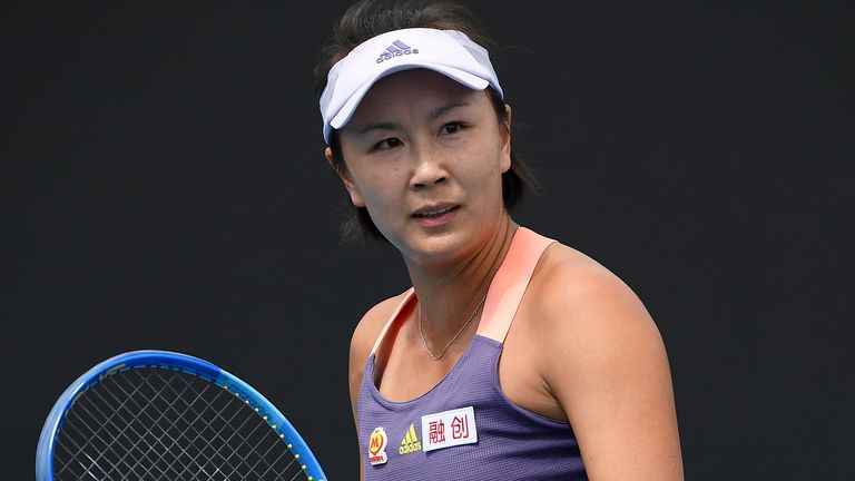 China&#39;s Peng Shuai reacts during her first round singles match against Japan&#39;s Nao Hibino at the Australian Open tennis championship in Melbourne, Australia, Tuesday, Jan. 21, 2020. (AP Photo/Andy Brownbill)