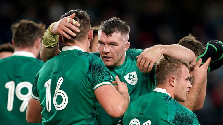 Ireland's Peter O'Mahony (centre) celebrates with team-mates Dan Sheehan and Craig Casey