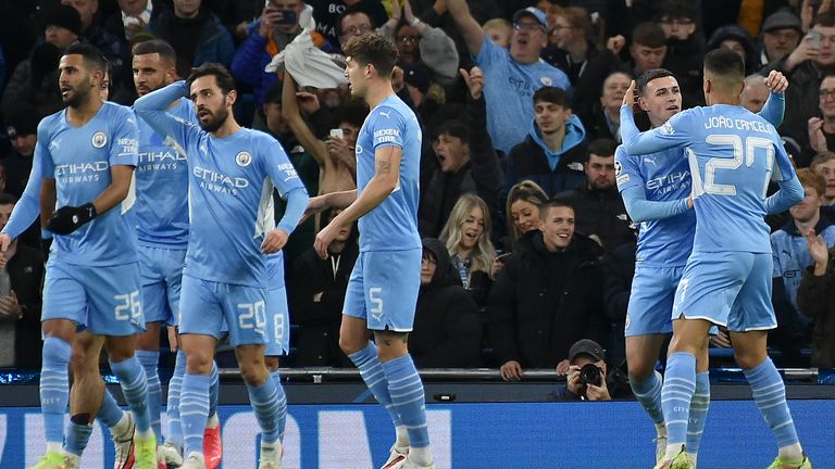 Phil Foden celebrates after scoring the opening goal