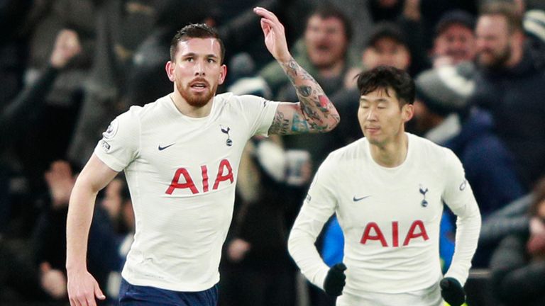 Tottenham's Pierre-Emile Hojbjerg celebrates after equalizing against Leeds