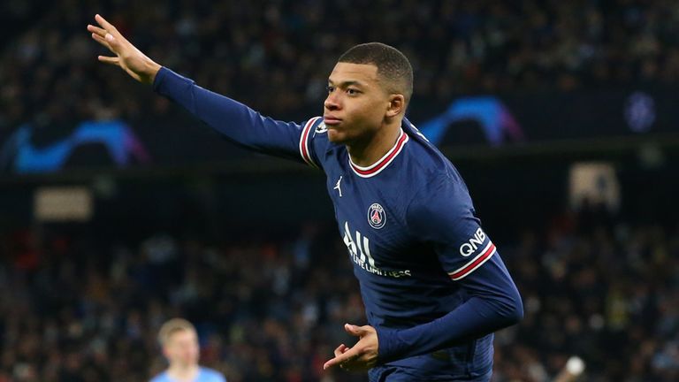 PSG's Kylian Mbappe celebrates scoring against Man City