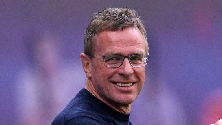 Ralf Rangnick celebrates during the German Bundesliga soccer match between RB Leipzig and SC Freiburg in Leipzig