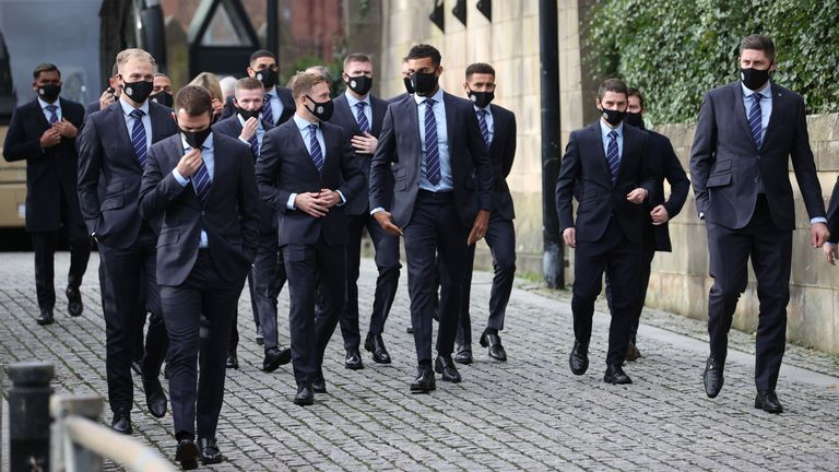 GLASGOW, SCOTLAND - NOVEMBER 19: Rangers current squad of players arrive during a memorial service for Walter Smith at Glasgow Cathedral, on November 19, 2021, in Glasgow, Scotland. (Photo by Alan Harvey / SNS Group)