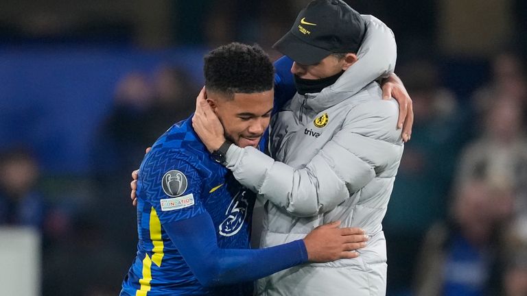 Reece James is congratulated by Thomas Tuchel