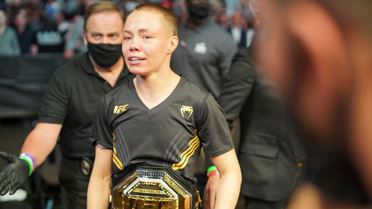 Rose Namajunas exits the octagon after her win over Zhang Weili in their women's strawweight Title bout during the UFC 261 (pic: Louis Grasse/PxImages/Icon Sportswire)