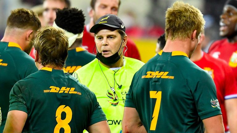 South Africa director of rugby Rassie Erasmus speaks to his players during the first Test of the British and Irish Lions series