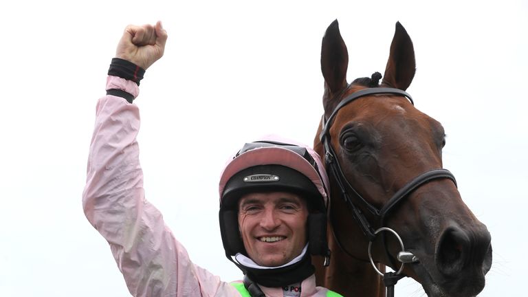 Patrick Mullins celebrates after Saldier&#39;s victory in the Galway Hurdle