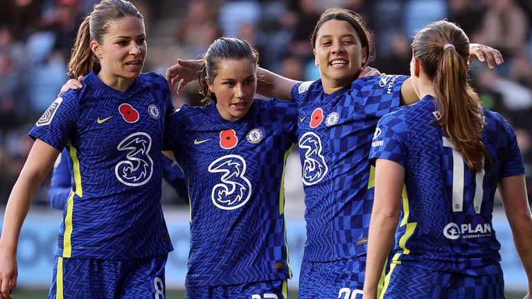 Sam Kerr celebrates scoring Chelsea Women&#39;s second goal against Man City