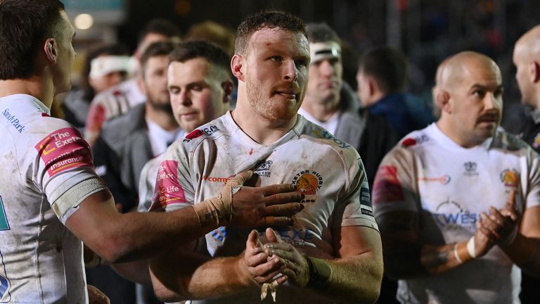 BATH, ENGLAND - NOVEMBER 26: Sam Simmonds of Exeter Chiefs makes his way off the field followng the Gallagher Premiership Rugby match between Bath Rugby and Exeter Chiefs at The Recreation Ground on November 26, 2021 in Bath, England. (Photo by Dan Mullan/Getty Images)