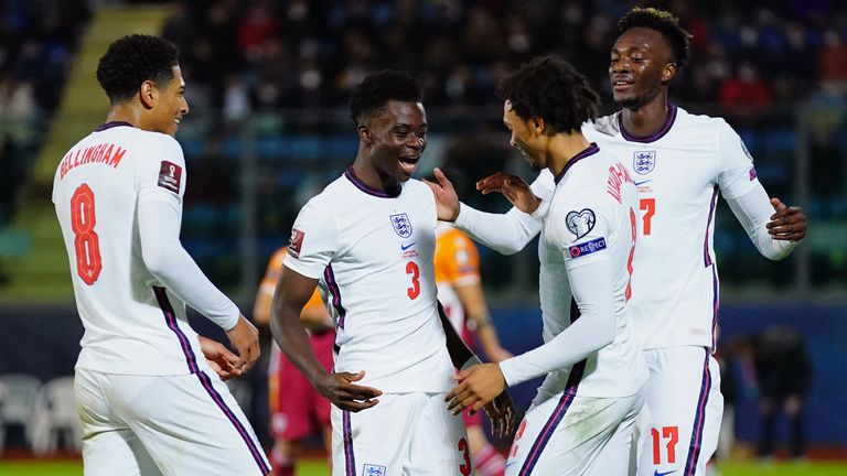 San Marino v England - FIFA World Cup 2022 - European Qualifying - Group I - San Marino Stadium
England&#39;s Bukayo Saka (second left) celebrates scoring their side&#39;s tenth goal of the game during the FIFA World Cup Qualifying match at the San Marino Stadium, Serravalle. Picture date: Monday November 15, 2021.