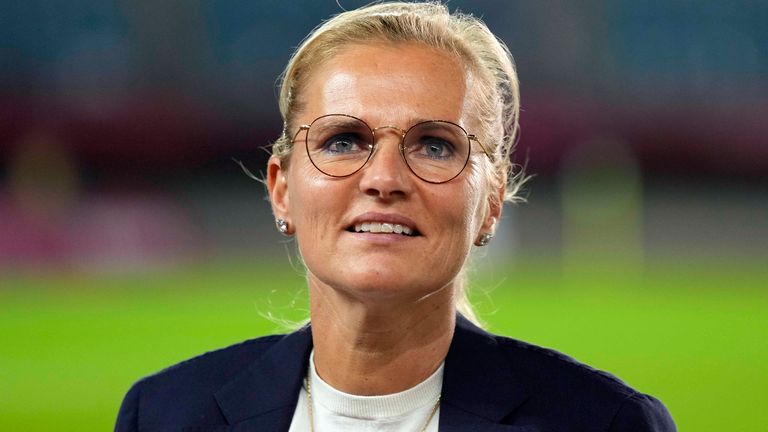 Netherlands' coach Sarina Wiegman watches her team prior to a women...s soccer match against Brazil at the 2020 Summer Olympics, Saturday, July 24, 2021, in Miyagi, Japan. (AP Photo/Andre Penner)