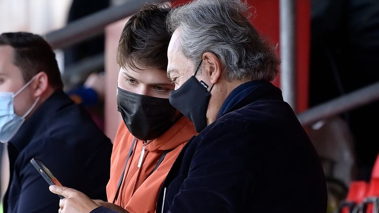 Farhad Moshiri (R) and Sarvar Ismailov during the Barclays FA Women&#39;s Super League match between West Ham Women and Everton Women at Chigwell Construction Stadium on April 25, 2021