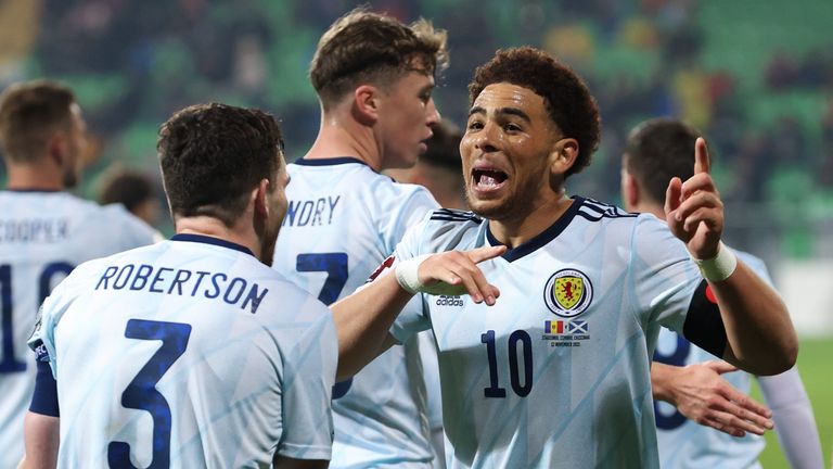 Scotland&#39;s Che Adams celebrates scoring to make it 2-0 during a FIFA World Cup Qualifier between Moldova and Scotland at the Zimbru Stadium