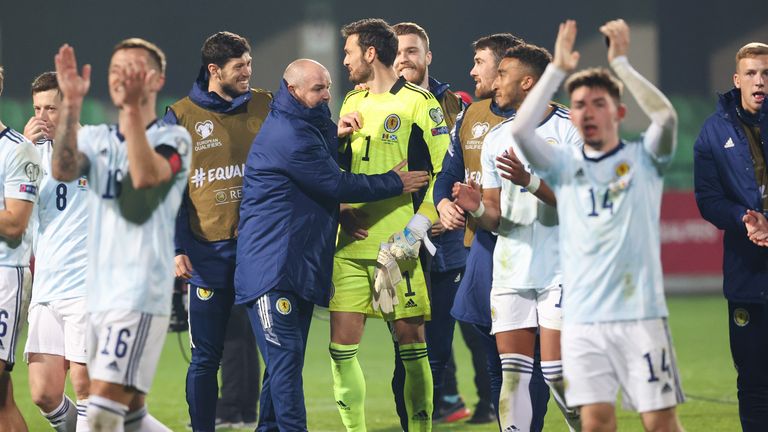 Scotland manager Steve Clarke and Craig Gordon at full time during a FIFA World Cup Qualifier between Moldova and Scotland at the Zimbru Stadium