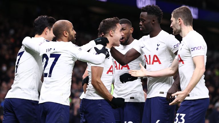 Sergio Reguilon celebrates with Tottenham team-mates after scoring against Leeds