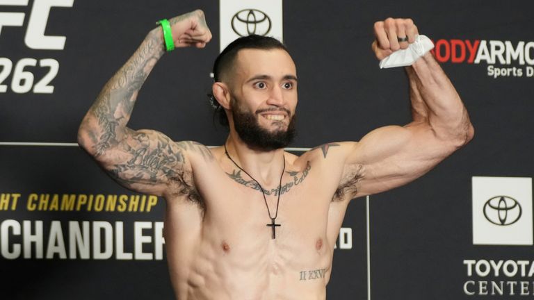 Shane Burgos jumps on the scale for the UFC 262 official weigh-in back in May (pic: Louis Grasse/PxImages/Icon Sportswire)