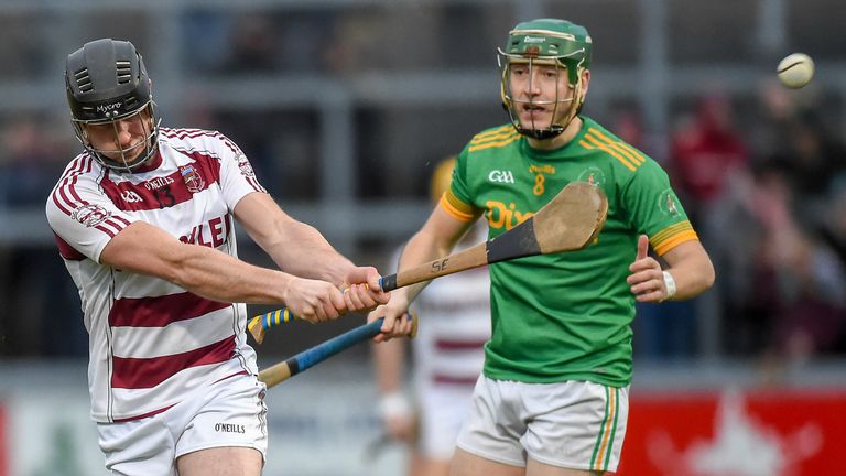 10 November 2019; S.. McGuiganin of Slaughtneil in action against Paul Shiels of Dunloy during the Ulster GAA Hurling Senior Club Championship Final match between Slaughtneil and Dunloy at P..irc Esler, Newry, Co Down. Photo by Philip Fitzpatrick/Sportsfile