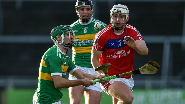 21 November 2021; Darragh Burke of St Thomas' in action against Gavin Lally of Gort during the Galway County Senior Club Hurling Championship Semi-Final match between Gort and St Thomas' at Pearse Stadium in Salthill, Galway. Photo by Ray Ryan/Sportsfile