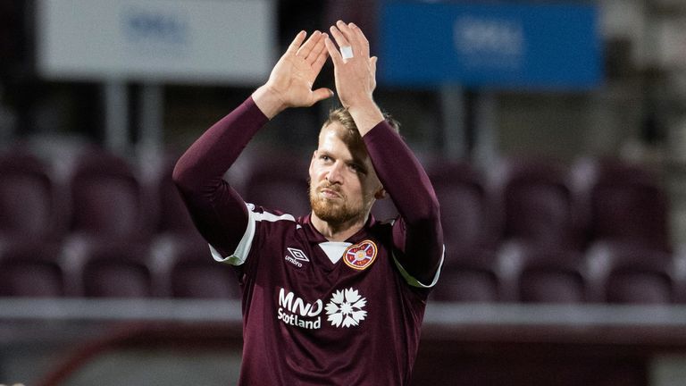 EDINBURGH, SCOTLAND - NOVEMBER 27: Hearts&#39; Stephen Kingsley at full time during a cinch Premiership match between Heart of Midlothian and St Mirren at Tyncastle Park, on November 27, 2021, in Edinburgh, Scotland. (Photo by Ross Parker / SNS Group)