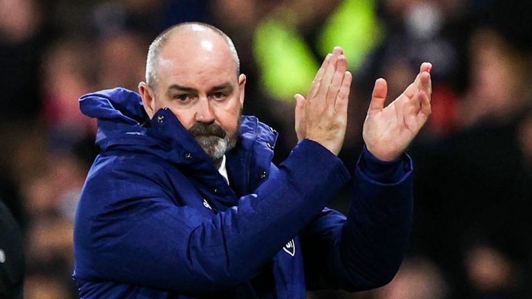 GLASGOW, SCOTLAND - NOVEMBER 15: Scotland Manager Steve Clarke celebrates going 1-0 ahead during a FIFA World Cup Qualifier between Scotland and Denmark at Hampden Park, on November 15, 2021, in Glasgow, Scotland. (Photo by Craig Williamson / SNS Group)