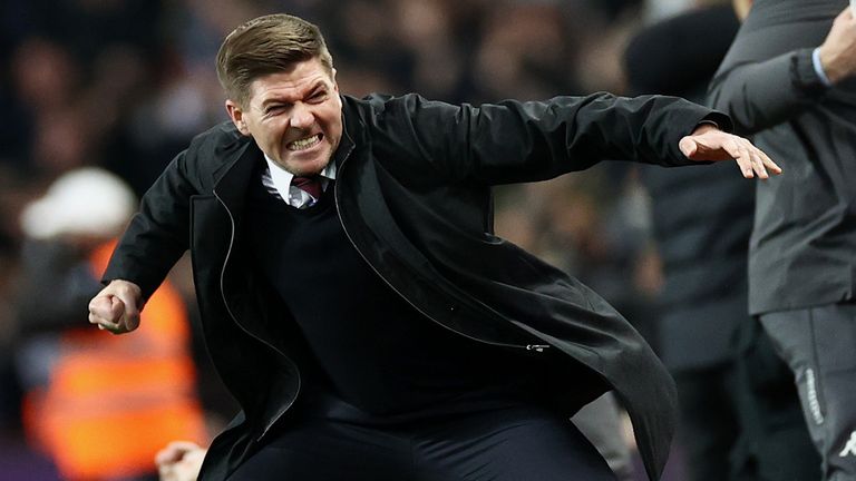 Steven Gerrard celebrates during Villa's win over Brighton