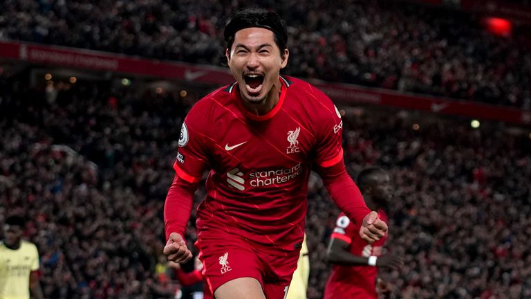 Liverpool's Takumi Minamino celebrates scoring their fourth goal