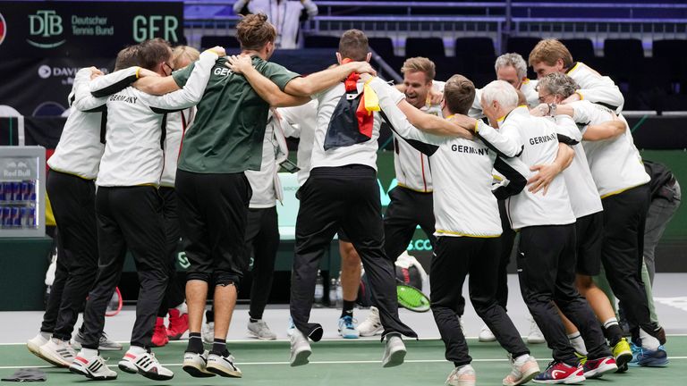 Team Germany celebrate after beating Great Britain in a Davis Cup quarter final match match between Great Britain and Germany in Innsbruck, Austria, Tuesday, Nov. 30, 2021. (Photo/Michael Probst)
