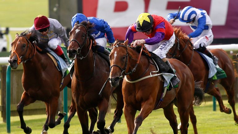 The Last Lion (yellow star on cap) wins the 2016 Middle Park Stakes at Newmarket