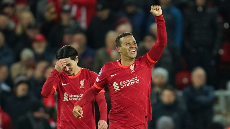 Liverpool&#39;s Thiago celebrates after scoring against Porto