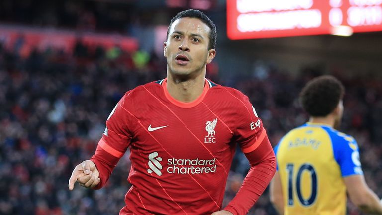 Thiago celebrates after scoring Liverpool's third goal