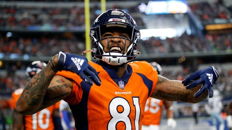 Denver Broncos wide receiver Tim Patrick celebrates a touchdown catch during the first quarter of an NFL football game against the Dallas Cowboys