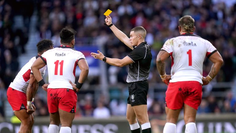 Tonga's Solomone Kata is sin-binned after being shown a yellow card for a challenge on England's Jonny May (not pictured) during the Autumn Internationals match at Twickenham Stadium, London. Picture date: Saturday November 6, 2021. See PA story RUGBYU England. Photo credit should read: Adam Davy/PA Wire. RESTRICTIONS: Use subject to restrictions. Editorial use only, no commercial use without prior consent from rights holder.