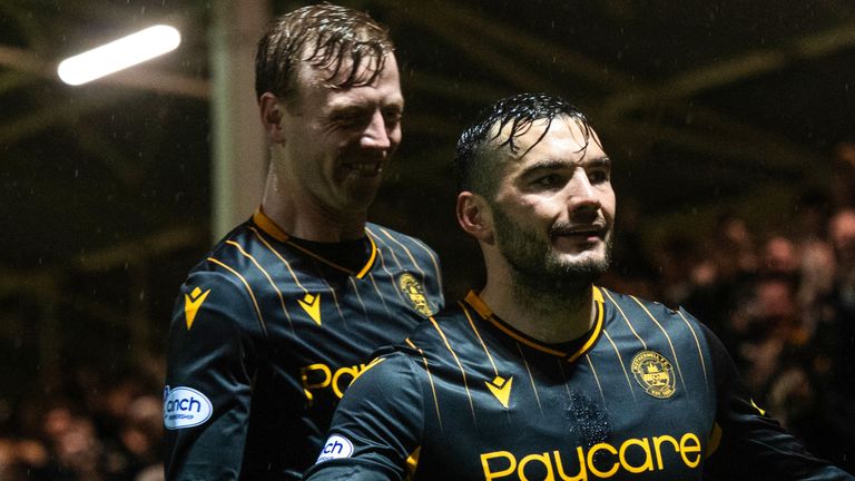 MOTHERWELL, SCOTLAND - NOVEMBER 30: Tony Watt celebrates after scoring to make it 1-0 Motherwell. during a cinch Premiership match between Motherwell and Dundee United at Fir Park, on November 30, 2021, in Motherwell, Scotland.  (Photo by Craig Foy / SNS Group)