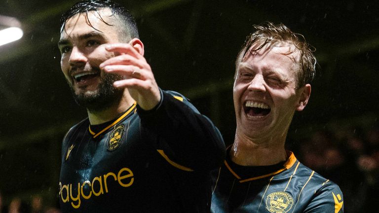 MOTHERWELL, SCOTLAND - NOVEMBER 30: Tony Watt celebrates after scoring to make it 1-0 Motherwell. during a cinch Premiership match between Motherwell and Dundee United at Fir Park, on November 30, 2021, in Motherwell, Scotland.  (Photo by Craig Foy / SNS Group)