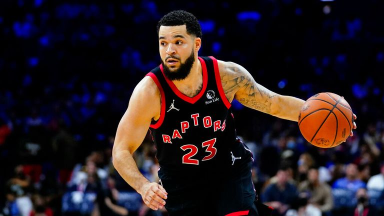 Toronto Raptors' Fred VanVleet dribbles during the first half of an NBA basketball game against the Philadelphia 76ers, Thursday, Nov. 11, 2021, in Philadelphia. (AP Photo/Matt Slocum)