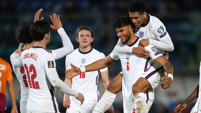 Tyrone Mings celebrates scoring for England against San Marino