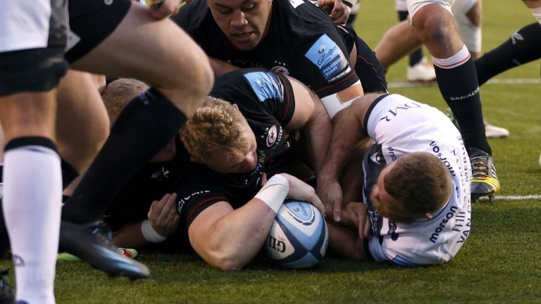 Vincent Koch forces his way over for Saracens' first try