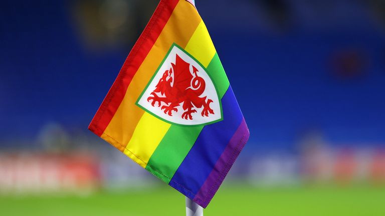 CARDIFF, WALES - NOVEMBER 16: The Wales red dragon on a rainbow corner flag ahead of the 2022 FIFA World Cup Qualifier match between Wales and Belgium at Cardiff City Stadium on November 16, 2021 in Cardiff, Wales. (Photo by Catherine Ivill/Getty Images)