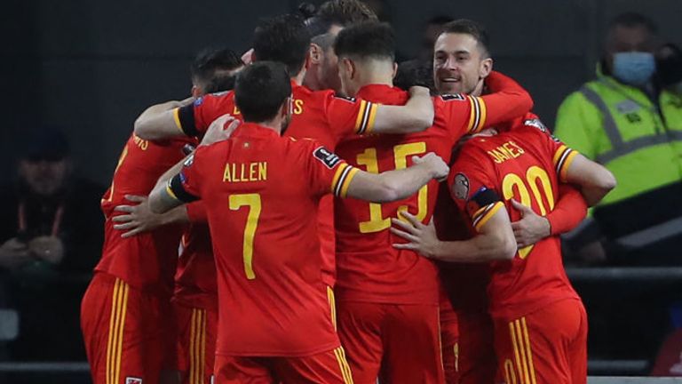 Wales players celebrate after Aaron Ramsey put them ahead