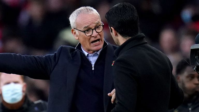 Watford manager Claudio Ranieri (left) and Arsenal manager Mikel Arteta exchange words at the end of the Premier League match at the Emirates Stadium, London. Picture date: Sunday November 7, 2021.