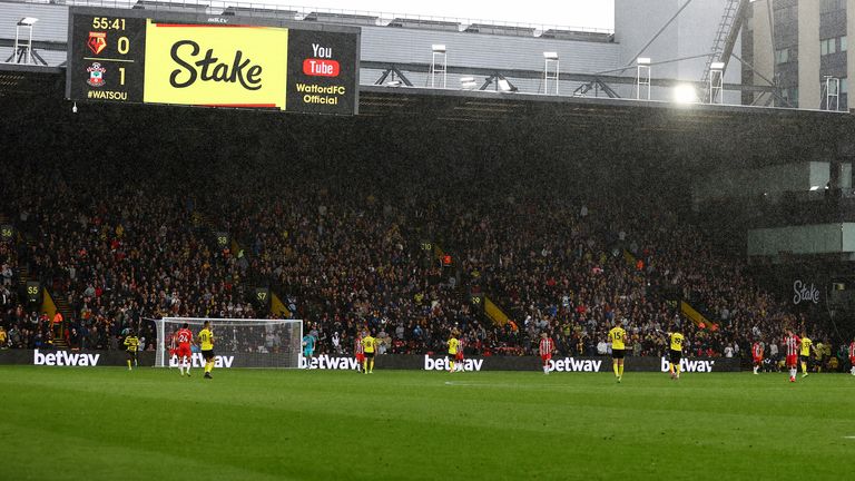 A general view as rain falls during the Premier League match between Watford and Southampton at Vicarage Road on October 30, 2021 in Watford, England. 