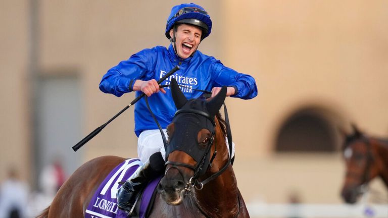 William Buick celebrates after riding the Yibire victory in the Breeders' Turf Cup