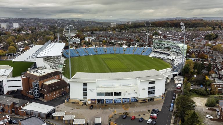 A general view of the ground from above after sponsorship signage was removed from Headingley, home of Yorkshire County Cricket Club