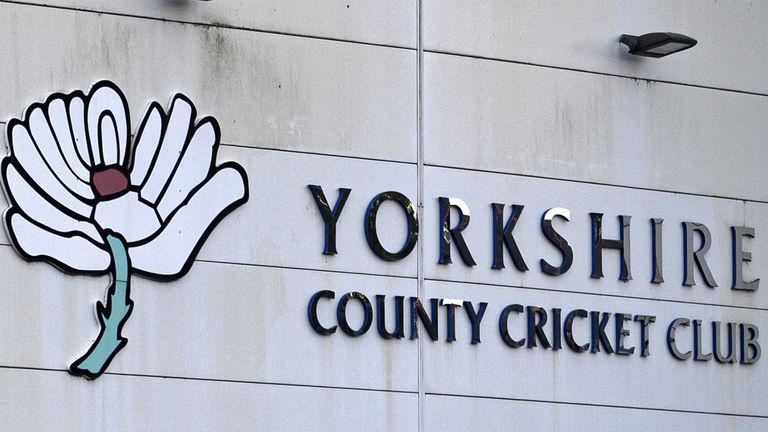 The white rose logo for Yorkshire County Cricket Club is pictured outside Headingley, the home of Yorkshire cricket on November 5, 2021. 