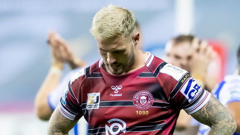 Picture by Allan McKenzie/SWpix.com - 23/09/2021 - Rugby League - Betfred Super League Playoffs - Eliminator Game 1 - Wigan Warriors v Leeds Rhinos - DW Stadium, Wigan, England - Wigan's Zak Hardaker dejected after the loss to Leeds.