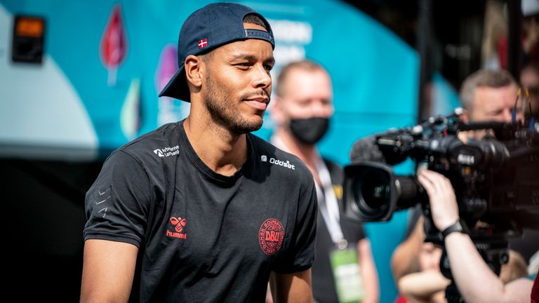 Denmark's Mathias "Zanka" Joergensen, with the Danish soccer team, leaves the hotel in Elsinore Denmark, Tuesday July 6, 2021, ahead of the Euro 2020 soccer semifinal against England on Wednesday. (Mads Claus Rasmussen/Ritzau Scanpix via AP)