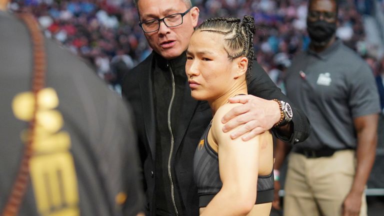 Zhang Weili exits the octagon after her fight against Rose Namajunas in their women's strawweight Title bout during the UFC 261 (pic: Louis Grasse/PxImages/Icon Sportswire)