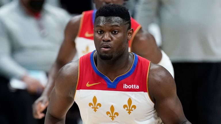 New Orleans Pelicans forward Zion Williamson (1) in the second half of an NBA basketball game Wednesday, April 28, 2021, in Denver. The Nuggets held on to win 114-112. (AP Photo/David Zalubowski)