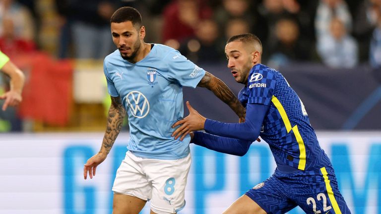 Malmo's Sergio Pena is chased by Hakim Ziyech