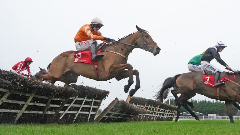 Statuaire ridden by Danny Mullins jumps the last in the Royal Bond Novice Hurdle